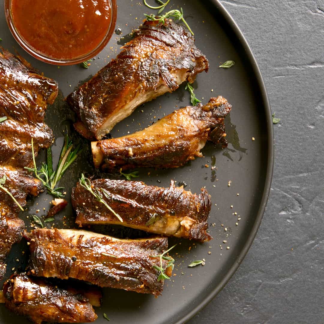BBQ Pork Ribs, Skinny Fries, Pear & Cabbage Slaw, Green Beans
